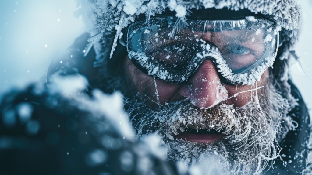 A snowmobiler covered in snow